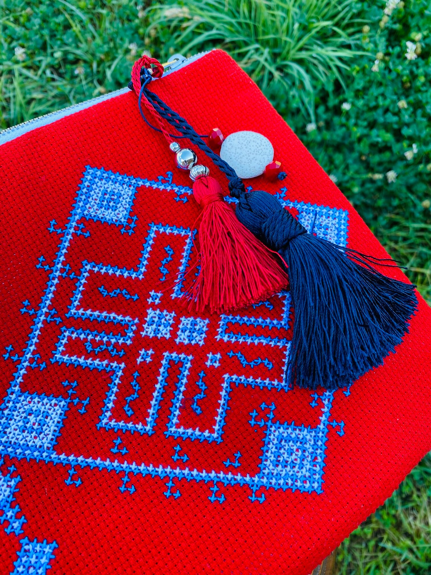 Leather / embroydered Clutch with boho ornaments 