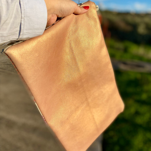 [Θ e l i m a.] Handmade Clutch Leather / Embroidery * Cretan Stitch/Rose perl leather