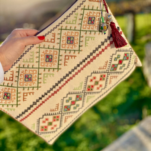  Handmade Clutch Leather / Embroidery *Rhombus/Cafe au lait