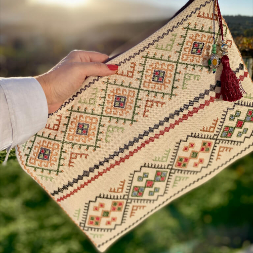 [Θ e l i m a.] Handmade Clutch Leather / Embroidery * Rhombus / Cafe au lait