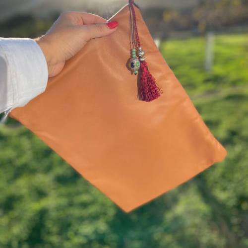  Handmade Clutch Leather / Embroidery *Rhombus/Cafe au lait