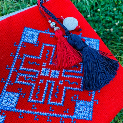 Leather / embroydered Clutch with boho ornaments 